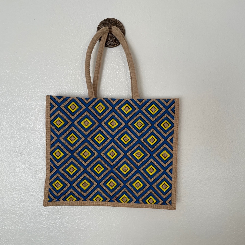 Geometric Tote Bag Blue Yellow‎ Beige Pattern Shopper Handbag